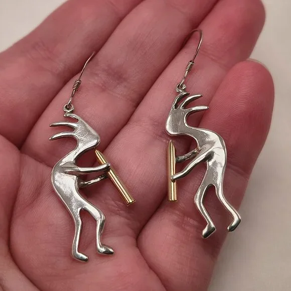 Vintage Sterling Silver Kokopelli Earrings With Gold-tone Flute - Picture 1 of 4